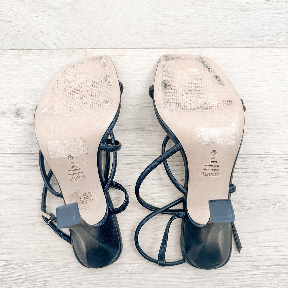 Schutz Lovi Strappy Leather Heel Sandals Black 9.5B Minimal 90s Party Glam Luxe‎ - Picture 11 of 11